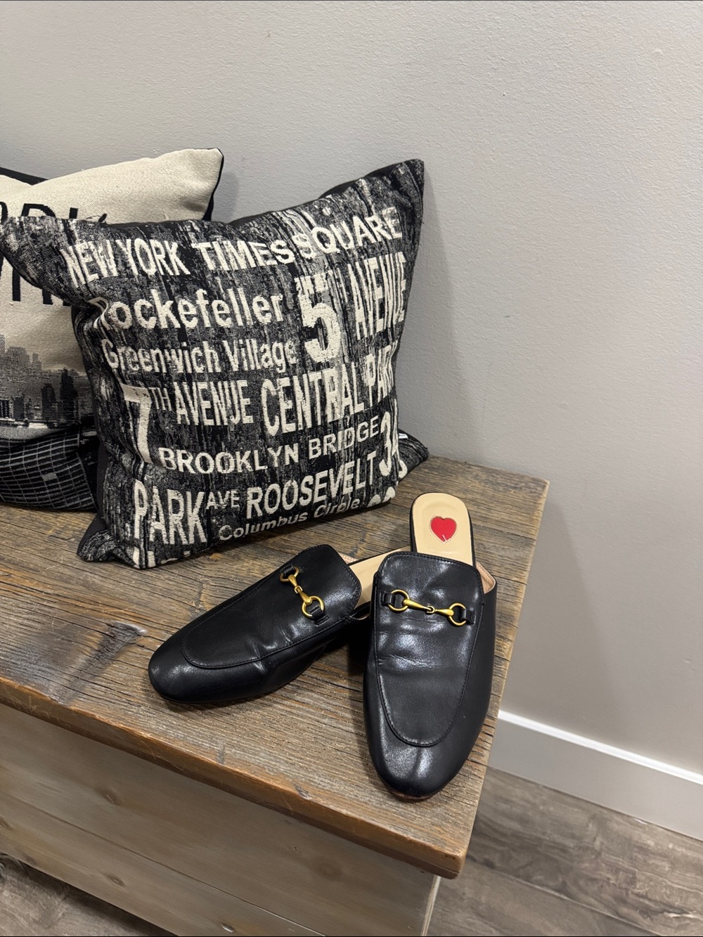 Black Leather Slip-On Mules with Gold Horsebit Accent